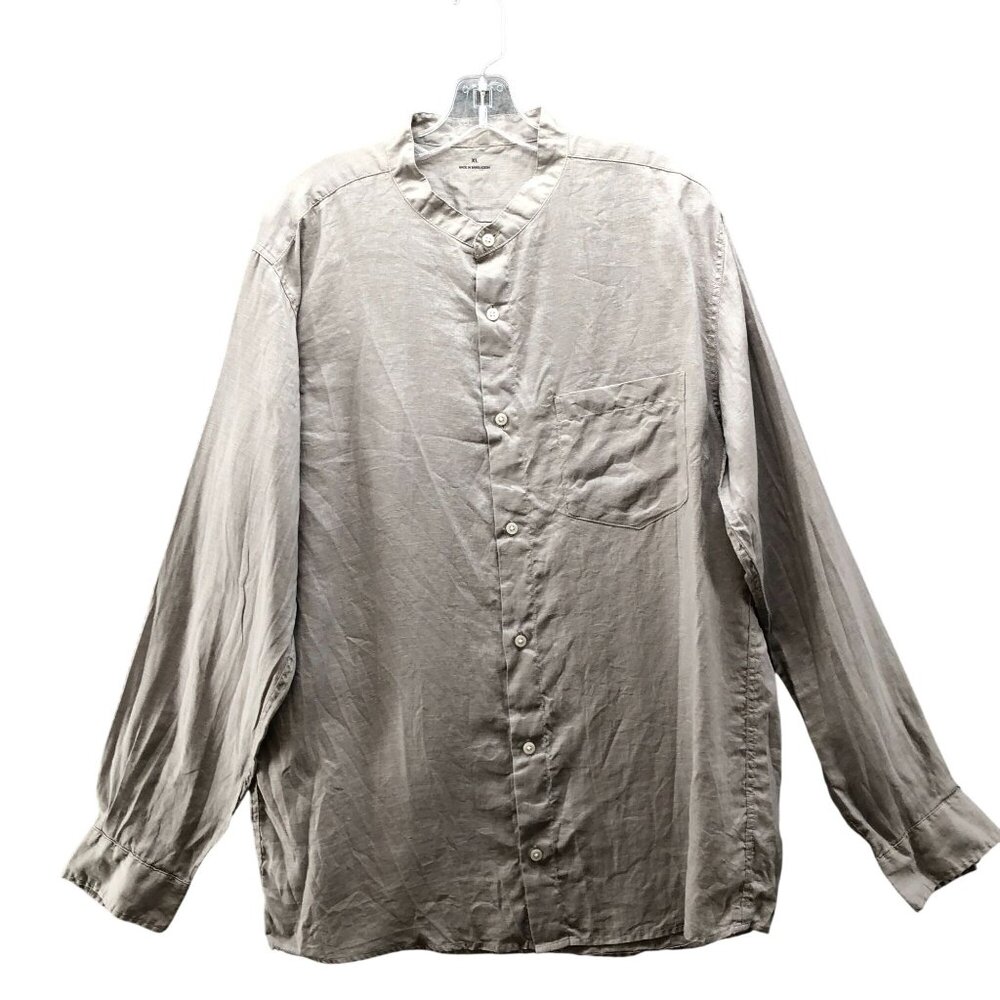 Muji 100% Linen Band Collar Shirt Mens XL Long Sleeve Button Up Taupe‎ Greyish